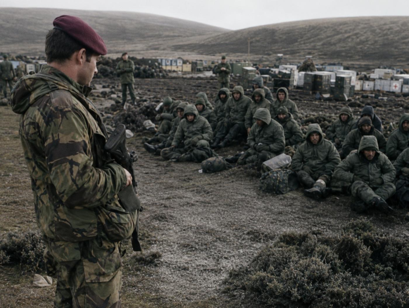 Paras guarding prisoners goose green falklands 